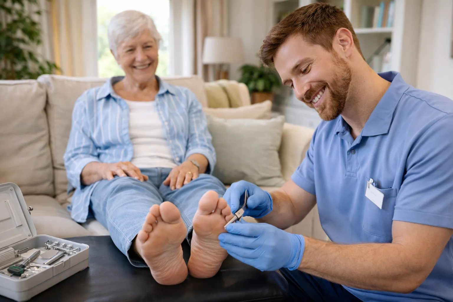 A woman having routine podiatry care at home
